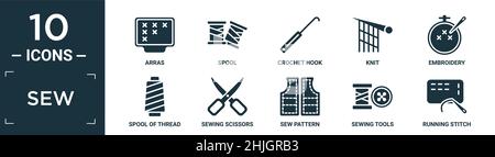 Gefülltes Näh-Icon-Set. Enthalten flache arras, Spule, Häkelnadel, Strick, Stickerei, Garnspule, Nähschere, Schnittmuster, Nähwerkzeuge, laufende s Stock Vektor