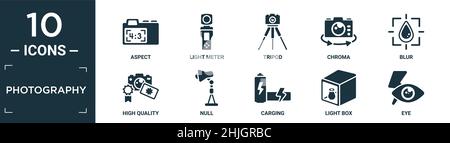 Gefüllte Fotografie Icon Set. Enthalten flachen Aspekt, Lichtmesser, Stativ, Chroma, Unschärfe, Hohe Qualität, Null, Karging, Leuchtkasten, Augen Symbole in editierbar für Stock Vektor