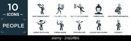 Gefüllte Menschen Symbol-Set. Enthalten flachen Mann denken über Liebe, Studentenbücher, Mann werfen einen Pfeil, chinesischen Mann, Gesundheit und Medizin, Cowboy mit einem g Stock Vektor