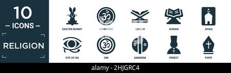 Gefüllte Religion Icon Set. Enthalten flache osterhase, hinduismus, koran, koran, Jihad, Eye of ra, om, Animismus, Priester, Papst Symbole in editierbaren Format. Stock Vektor
