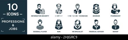 Gefüllte Berufe & Jobs Icon Set. Enthalten flache Informationssicherheit Analyst, Wissenschaftler, Windturbinen Techniker, Türsteher, Apotheker, Baseballspiel Stock Vektor