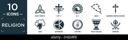 Gefüllte Religion Ikone Set. Enthalten flache heilige dreifaltigkeit, Häresie, Zen, Perle, aaronic Ordnung Kirche, gott, eckankar, Chi rho, heiliger Kelch, ikonen des sikhismus in e Stock Vektor