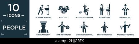 Gefüllte Menschen Symbol-Set. Enthalten flache Klempner arbeiten, Baby Lächeln, Hexe fliegenden Besen, Mann rasieren, Business-Anzug, Junge, Mann mit Geld, chil Stock Vektor