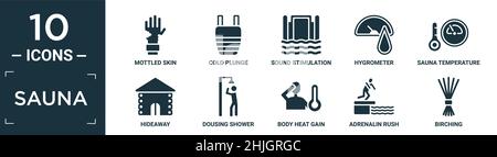 Gefülltes Sauna Icon Set. Enthalten flache melierte Haut, kaltes Eintauchen, Klangstimulation, Hygrometer, Saunatemperatur, Versteck, Dusche übergossen, Körperwärme g Stock Vektor