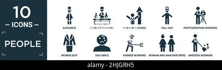 Gefüllte Menschen Icon-Set. Enthalten flache Eleganz, Chemiker arbeiten, Arbeiter Erfolg, hoher Hut, Fotograf arbeiten, Frauen Anzug, trauriges Lächeln, Landwirt arbeiten, Stock Vektor