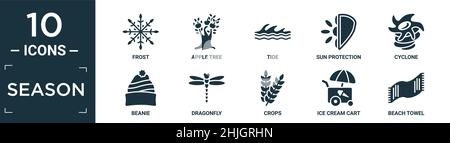 Gefülltes Saison Icon Set. Enthalten flachen Frost, Apfelbaum, Gezeiten, Sonnenschutz, Zyklon, beanie, Libelle, Feldfrüchte, Eiswagen, Strandhandtuch-Symbole in Stock Vektor