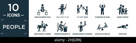 Gefüllte Menschen Icon-Set. Enthalten flache Benutzer-Sharing-Dateien, Ninja Porträt, Vorlieben, aufstehen Mann, Familiengruppe, Mann auf einem Pferd, Person lesen Stock Vektor