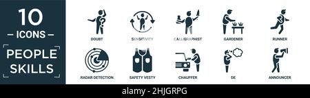 Gefüllte Menschen Fähigkeiten Icon-Set. Enthalten flache Zweifel, Sensibilität, Kalligraphie, Gärtner, Läufer, Radarerkennung, Sicherheitsvesty, Chauffeur, de, ankündigen Stock Vektor