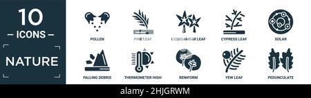 Gefülltes Natur Icon Set. Enthalten Pollen, Kiefernblatt, Liquidambar Blatt, Zypresse Blatt, Solar, Herabfallende Rückstände, Thermometer hohe Temperatur, Reniform, Stock Vektor