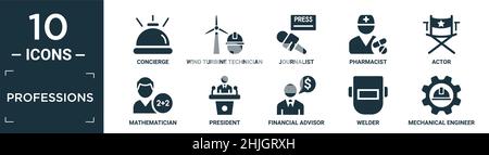 Gefüllte Berufe Icon-Set. Enthalten flachen Concierge, Windturbinen Techniker, Journalist, Apotheker, Schauspieler, Mathematiker, Präsident, Finanzberatung Stock Vektor