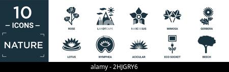 Gefüllte Natur Ikone Set. Enthalten flache Rose, Landschaft, Narzissen, Mimosen, Gerbera, symbole für lotus, nymphea, Acicular, Eco Socket, Buche in bearbeitbarem Format Stock Vektor