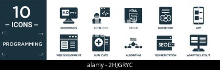 Gefüllte Programmierung Icon Set. Enthalten flache Werbung, Entwickler, HTML5, seo-Bericht, App, Web-Entwicklung, duplizieren, Algorithmus, seo Ruf, anpassen Stock Vektor
