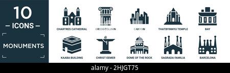 Gefüllte Denkmäler Symbol-Set. Enthalten flache kathedrale chartres, griechische Säule, Canyon, thatbyinnyu Tempel, Bucht, kaaba Gebäude, christus Eemer, Kuppel der r Stock Vektor