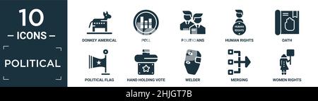 Gefüllte politische Ikone Set. Enthalten flachen Esel amerikanischen politischen, Umfrage, Politiker, Menschenrechte, Eid, Politische Flagge, Hand hält Stimmpapier, Wel Stock Vektor