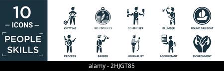 Gefüllte Menschen Fähigkeiten Icon-Set. Enthalten flache Stricken, großen Kompass, Sommelier, Klempner, rund Segelboot, Prozess, Friseur, Journalist, Buchhalter, Umwelt Stock Vektor