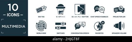 Gefülltes Multimedia-Icon-Set. Enthalten flache seo-Tag, Substanz, quadratische Play-Taste, Chat Sprechblasen, Projektor len, Weltweit, Switches, conversatio Stock Vektor