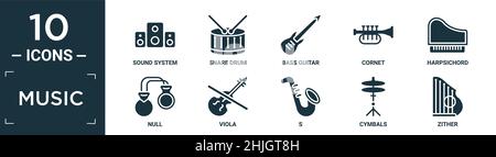 Gefüllte Musik-Icon-Set. Enthalten flache Sound-System, Snare Drum, Bass-Gitarre, Kornett, Cembalo, Null, Viola, s, Zimbeln, Zithersymbole in bearbeitbarer Form Stock Vektor