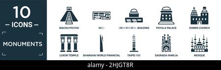 Gefüllte Monumente Icon Set. Enthalten Wohnung machu picchu, Null, monumentales Gebäude, potala Palast, gewölbte Kirche, luxor-Tempel, shanghai World Financial c Stock Vektor