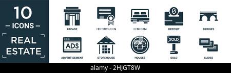 Gefüllte Immobilien-Symbol-Set. Enthalten flache Fassade, Zertifizierung, Schlafzimmer, Kaution, Brücken, werbung, Lagerhaus, Häuser, verkauft, Dias Icons in e Stock Vektor