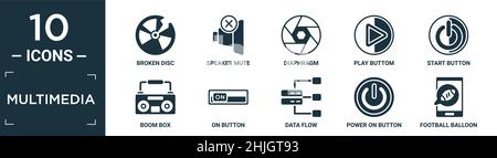 Gefülltes Multimedia-Icon-Set. Enthalten flache, defekte Disc, Lautsprecherstummschaltung, Membran, Wiedergabetaste, Starttaste, Auslegergehäuse, ein-Taste, Datenfluss, Einschalten, aber Stock Vektor