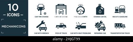 Gefüllte Mechanikonen Icon Set. Enthalten flachen Autoreifenwechsel, Auto in einer Garage, Polizeiauto mit Lenkrad, Öl wechseln, Bus an einer Tankstelle, wit Stock Vektor