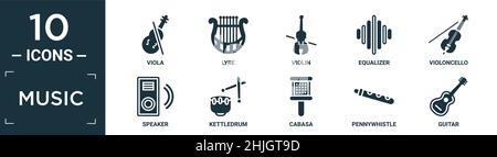 Gefülltes Musik-Icon-Set. Enthalten flache Viola, Leier, Violine, Equalizer, Violoncello, Lautsprecher, Kettledrum, Cabasa, Pennywhistle, Gitarre Symbole in bearbeitbaren f Stock Vektor