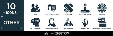 Gefüllte andere Icon-Set. Enthalten flache Null, Koch Visitenkarte, Interlock, Holzstamper, 7 andere, Selbstlernend, arabische Frau mit Hijab, Nagellackentrimmer, Stock Vektor