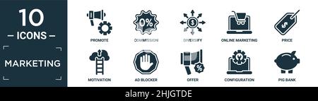 Gefülltes Marketing-Icon-Set. Enthalten flache Werbung, provision, Diversifizieren, Online-Marketing, Preis, Motivation, Werbeblocker, Angebot, Konfiguration, Schweinebotsverbot Stock Vektor