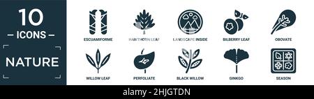 Gefüllte Natur Icon Set. Enthalten flache escuamiforme, Weißdornblatt, Landschaft im Rahmen, Heidelbeer Blatt, obovate, weidenblatt, perfoliat, schwarze Weide Stock Vektor