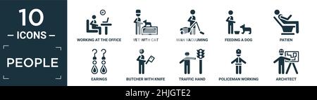 Gefüllte Menschen Icon-Set. Enthalten Wohnung arbeiten im Büro, Tierarzt mit Katze, Mann saugen, Fütterung eines Hundes, Patien, Ohrbügel, Metzger mit Messer, Verkehr h Stock Vektor