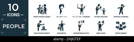 Gefüllte Menschen Icon-Set. Enthalten flache Familie Brettspiele, Frau Haare, Polizist aufstehen, Vater und Sohn, Person zuhören, Mann spart Geld, parame Stock Vektor
