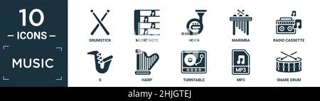 Gefülltes Musik-Icon-Set. Enthalten flachen Drumstick, Musiknote, Horn, Marimba, Radiokassette, Symbole für S, Harp, Plattenspieler, mp3, Snare Drum in editierbarem Format Stock Vektor