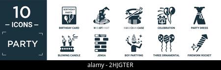 Gefüllte Party-Symbol-Set. Enthalten flache Geburtstagskarte, Zauberer Hut, Zauberer Fall, Feier, Party-Kleid, Kerze blasen, Jenga, Junge feiern, drei orn Stock Vektor