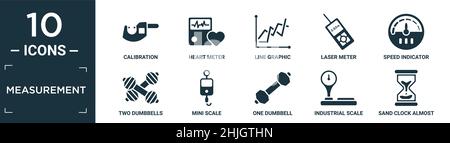 Gefüllter Messsymbole. Enthält flache Kalibrierung, Herzmesser, Liniengrafik, Lasermesser, Geschwindigkeitsanzeige, Zwei Kurzhanteln, Mini-Skala, eine Kurzhanteln Stock Vektor