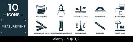 Gefüllte Messsymbole. Enthalten flache Wasserskala, Null, Vintage-Balance, Winkelmesser, Nanometer, Kleines Winkellineal, Thermometer fahrenheit und cel Stock Vektor