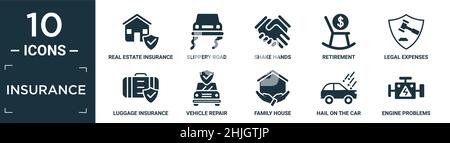 Gefüllte Versicherung Symbol-Set. Enthalten Wohnung Immobilienversicherung, rutschige Straße, schütteln Sie die Hände, Ruhestand, Rechtskosten, Gepäckversicherung, Fahrzeugrepa Stock Vektor