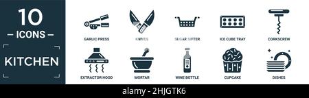 Gefüllte Küche Icon-Set. Enthalten flache Knoblauchpresse, Messer, Zuckersifter, Eiswürfelschale, Korkenzieher, Dunstabzugshaube, Mörser, Weinflasche, Cupcake, Gericht Stock Vektor