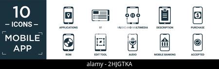 Gefüllte mobile App Icon Set. Enthalten flache Anwendungen, ui, Musik und Multimedia, Beschreibung, Kauf, rom, Bearbeitungstool, Audio, Mobile Banking, Accepte Stock Vektor