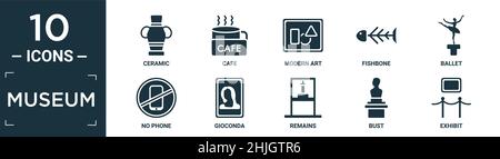 Gefülltes Museum Icon Set. Enthalten flache Keramik, Café, moderne Kunst, Fischgrät, Ballett, Kein Telefon, gioconda, bleibt, Büste, zeigen Symbole in editierbarem Format. Stock Vektor