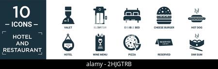 Gefüllte Hotel und Restaurant Icon Set. Enthalten Wohnung Valet, Aufzug, Doppelbett, Käse Burger, Hot Dog, Hotel, Weinkarte, Pizza, reserviert, Dim Sum ico Stock Vektor