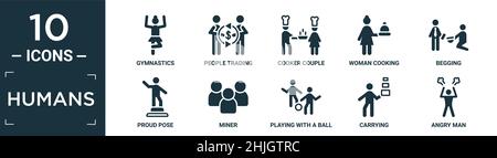 Gefüllte Menschen Icon-Set. Enthalten flache Gymnastik, Menschen Handel, Herd paar, Frau Kochen, Betteln, Stolze Pose, Bergmann, Spiel mit einem Ball, carryi Stock Vektor