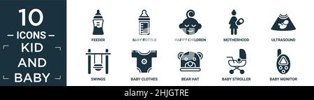 Gefülltes Kinder- und Baby-Icon-Set. Enthalten Flachdosierer, Babyflasche, glückliche Kinder, Mutterschaft, Ultraschall, Schaukeln, Babykleidung, Bärenhut, Kinderwagen, Stock Vektor