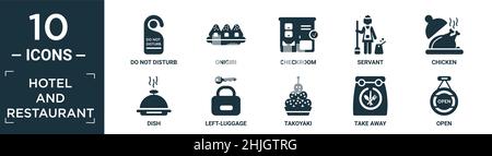 Gefüllte Hotel und Restaurant Icon-Set. Enthalten flach Bitte nicht stören, onigiri, Checkroom, Diener, Huhn, Teller, Gepäck zurücklassen, Takoyaki, zum Mitnehmen, offen Stock Vektor