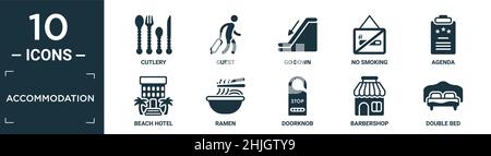 Gefüllte Unterkunft Icon-Set. Enthalten flaches Besteck, Gast, gehen nach unten, nicht rauchen, Agenda, Strandhotel, Ramen, Türknauf, Friseurladen, Symbole für Doppelbetten Stock Vektor