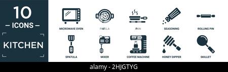 Gefüllte Küche Icon-Set. Enthalten flache Mikrowelle, Paella, Pfanne, Gewürz, Nudelholz, Spachtel, Mixer, Kaffeemaschine, Honigtaubenmaschine, Skillet-Symbole Stock Vektor