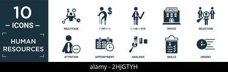 Gefüllte Human Resources Icon Set. Enthalten flache Multitasking, Rente, Kandidat, Büro, Auswahl, Abwanderung, Termin, Analyse, Fähigkeiten, dringende Symbole Stock Vektor