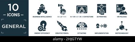 Gefüllter allgemeiner Symbolsatz. Enthalten flache Business Intelligence, Build-Zeit, Informationsarchitektur, 3D Druck, hr-Richtlinien, Energieeffizienz, Kreativität Stock Vektor