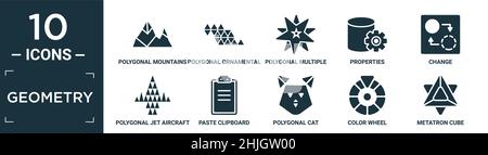 Gefüllte Geometrie Icon Set. Enthalten flache polygonale Berge, polygonale ornamentale Form von Dreiecken, polygonale mehrere Sterne, Eigenschaften, Veränderung, Jet Stock Vektor