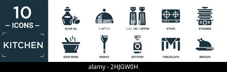 Gefüllte Küche Icon-Set. Enthalten flaches Olivenöl, Platte, Salz und Pfeffer, Herd, Dampfgarer, Suppenschüssel, Paddel, Ketchup, Tischdecke, Broiler Symbole in ed Stock Vektor