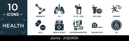 Gefülltes Gesundheits-Icon-Set. Enthalten flache Hanteln, Lunge, Orangensaft, Fast Food, Laufen, Pillen, medizinische Ergebnisse, Sphygmomanometer, Maßband, Fett ico Stock Vektor